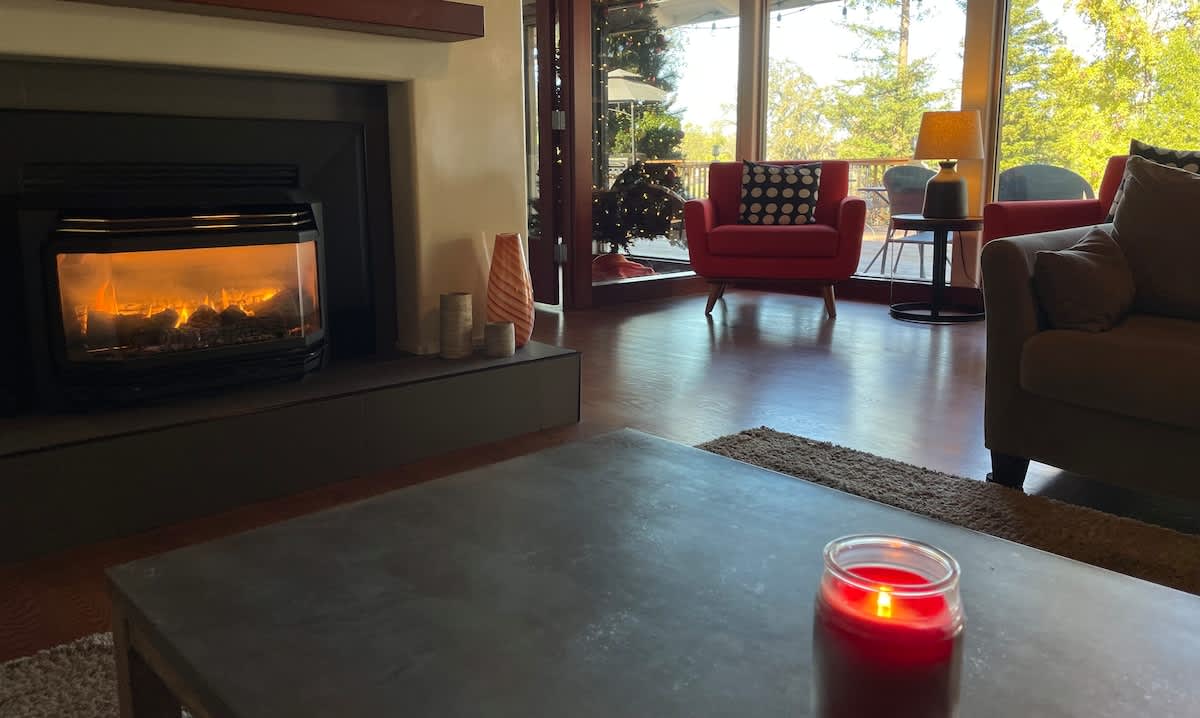 As the weather gets cooler, you will enjoy the propane fireplace. The smart TV is mounted above if you want to enjoy a movie or a game.