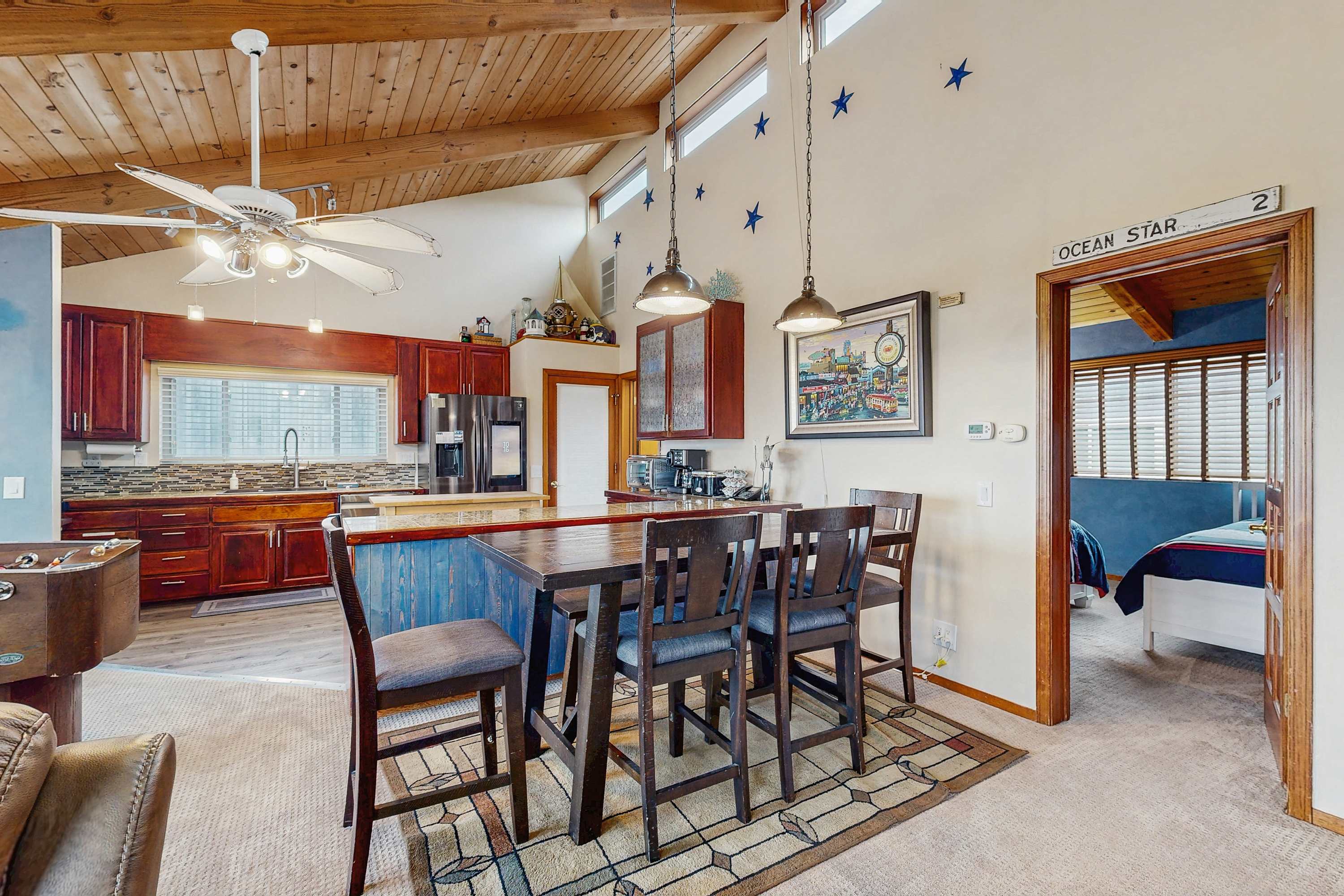 The well-equipped kitchen makes meal prep a breeze, allowing you to enjoy fresh coastal cuisine at home.