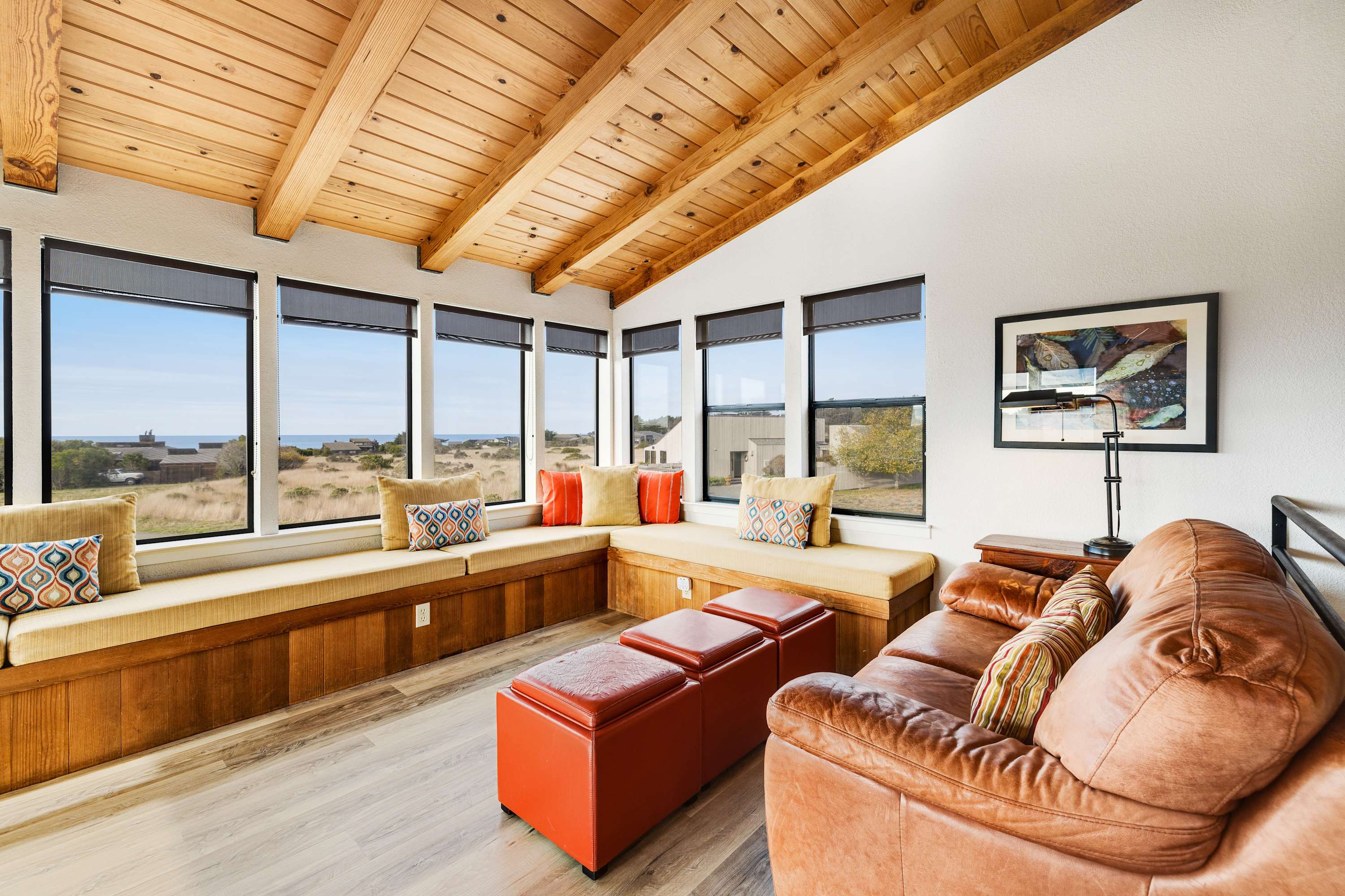 With panoramic views from every angle, this living room invites you to relax and enjoy the beauty of Sea Ranch.