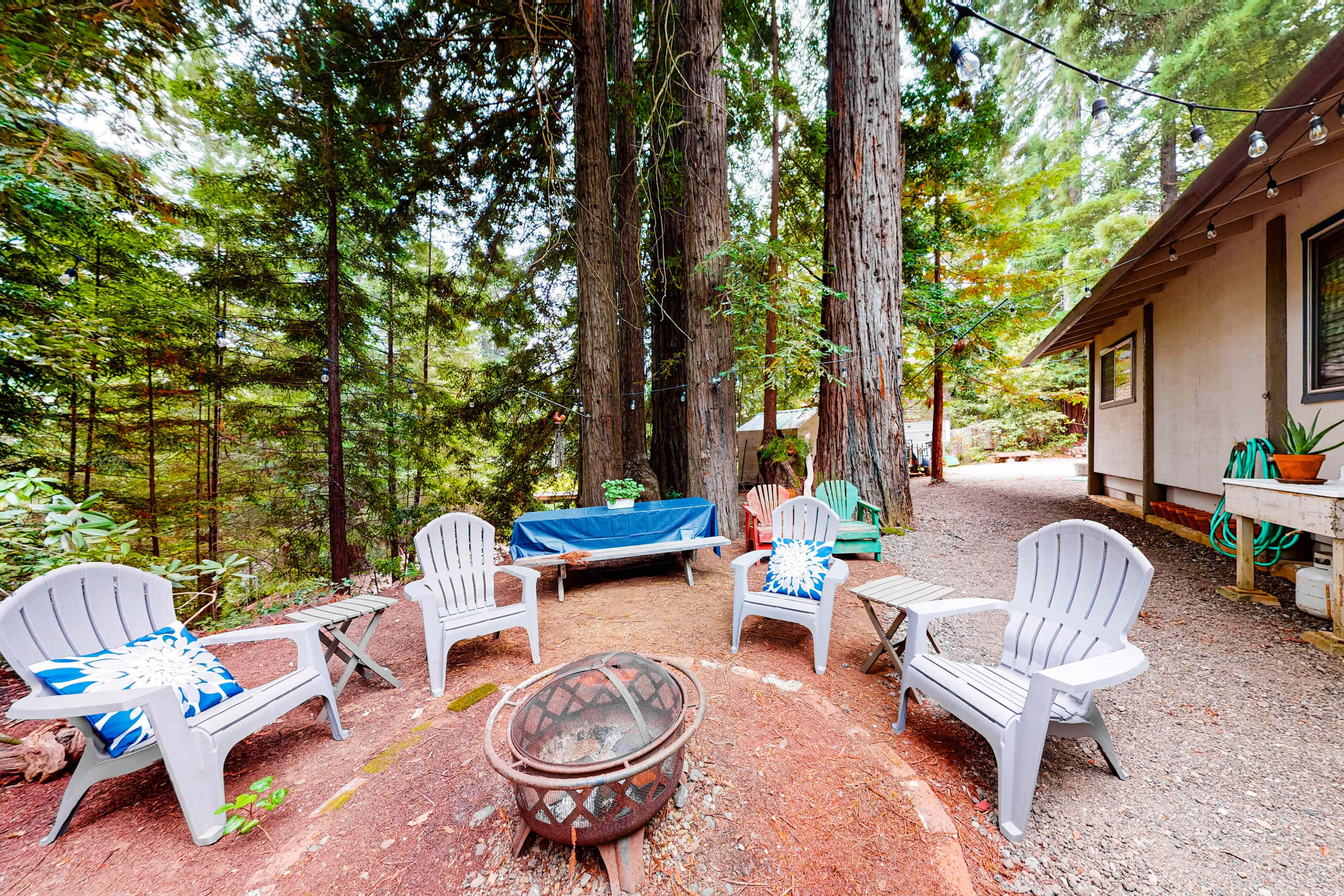 Gather around the fire pit on your outdoor deck, where evenings are filled with stories and laughter under the towering trees.