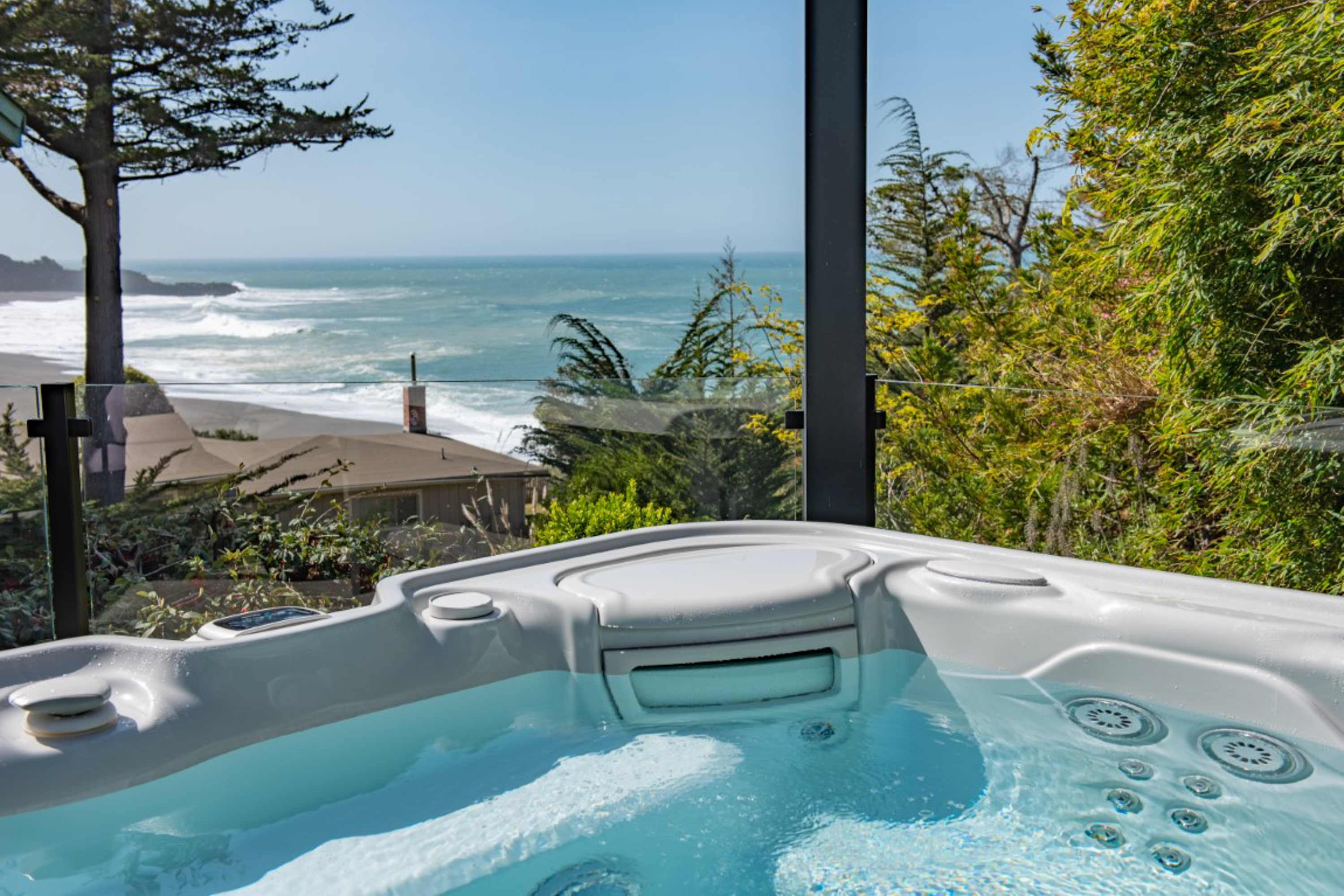 Unwind in the hot tub and soak in stunning ocean views, where relaxation meets the beauty of Gualala's coastal landscape.