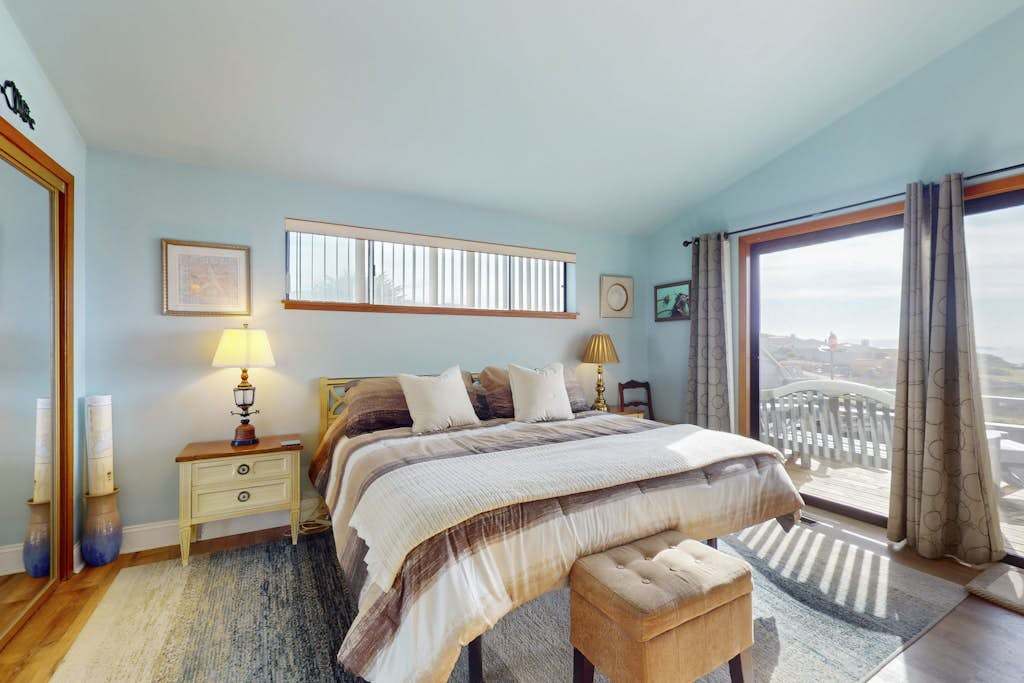 Wake to sweeping ocean views from your king bed, then step onto the private deck for fresh Bodega Bay salt air