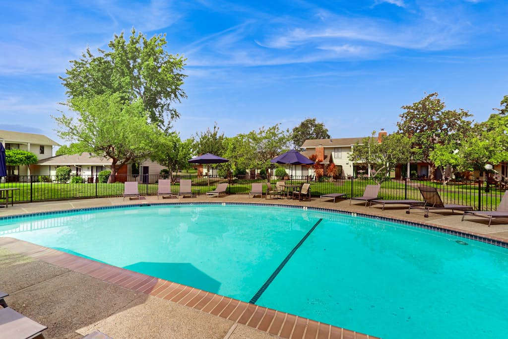 Cool off in the sparkling communal pool just steps from your door, complete with lounge seating for lazy Napa Valley afternoons