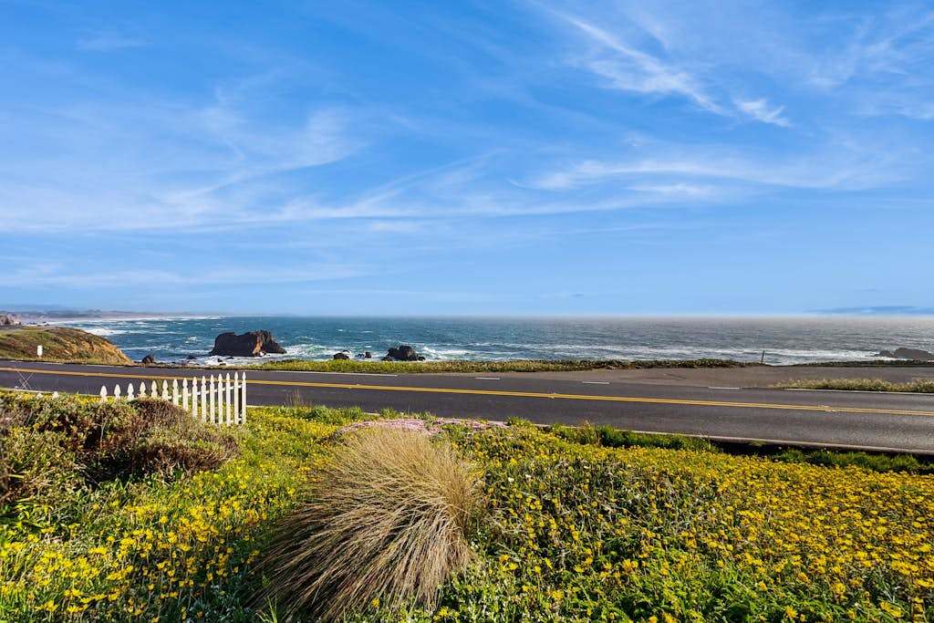Wake to sweeping Pacific Ocean views from your Sonoma Coast hideaway, with Carmet Beach just steps across the road