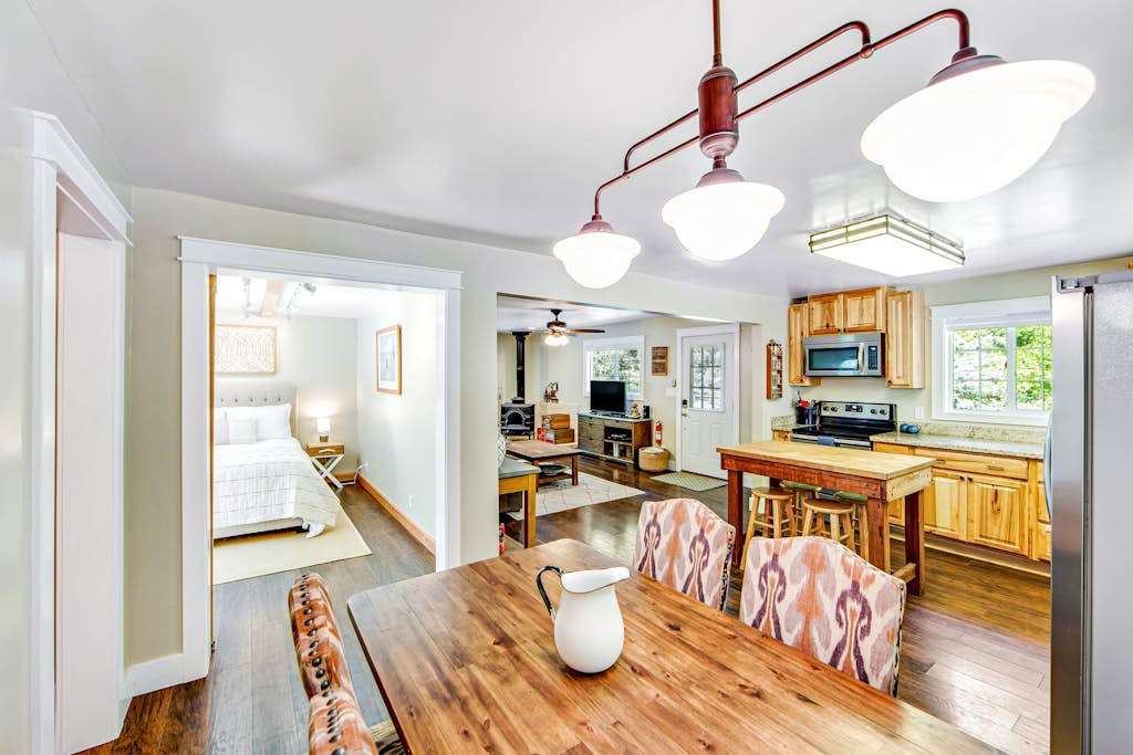 Share farm-to-table meals at the spacious dining table with views into your fully equipped Forestville kitchen