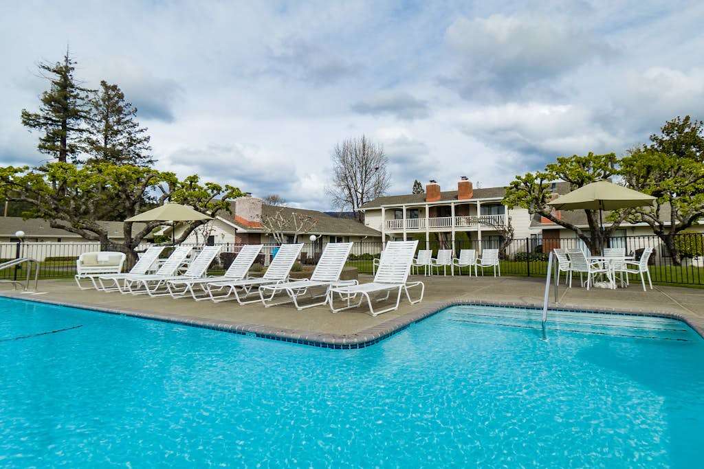 Dive into the sparkling resort pool lined with lounge chairs and umbrellas — your perfect Napa Valley afternoon between winery visits