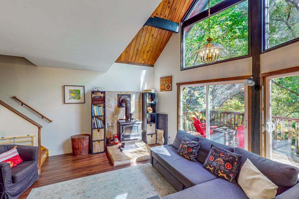 Curl up by the wood stove with a board game or a Sonoma County wine — your A-frame retreat glows with rustic character.