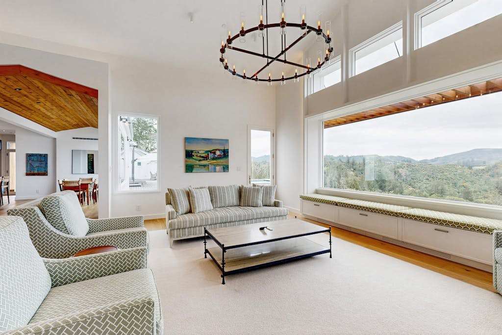 Settle into your sun-drenched great room where soaring ceilings and panoramic Calistoga mountain views create the ultimate wine country welcome after a day of tastings.