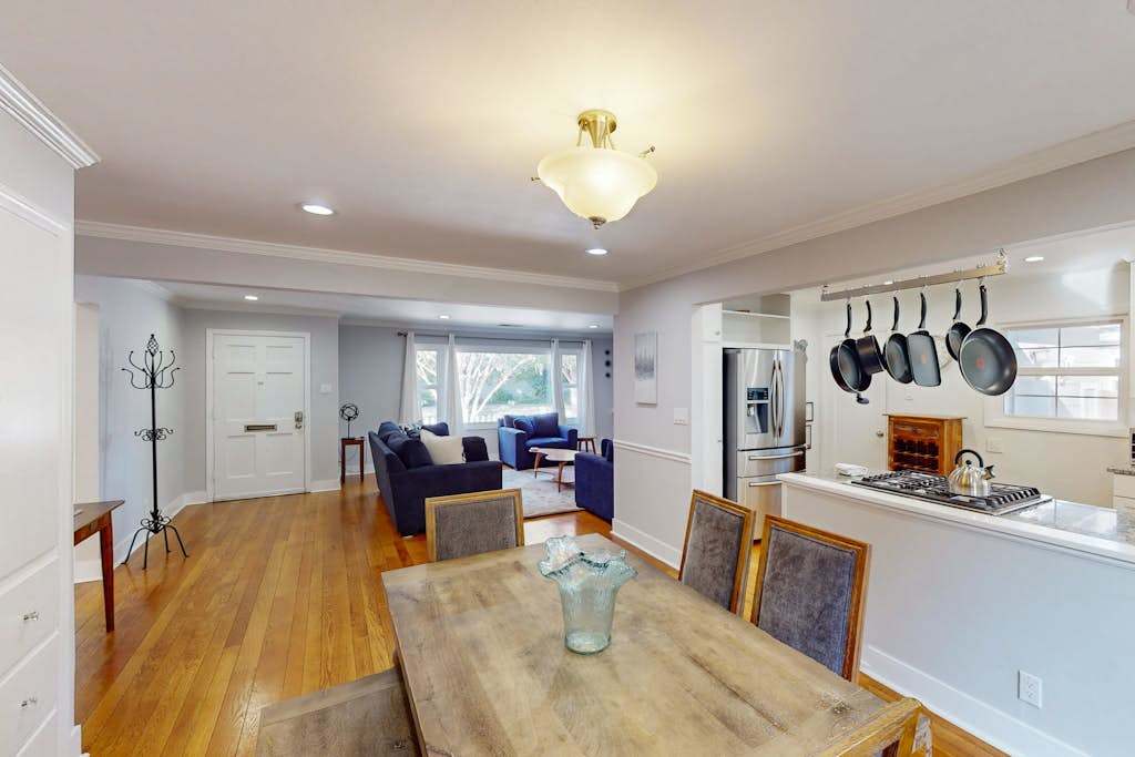 From dining table to living room, the open layout keeps everyone connected — perfect for swapping Sonoma tasting notes while dinner simmers on the stove