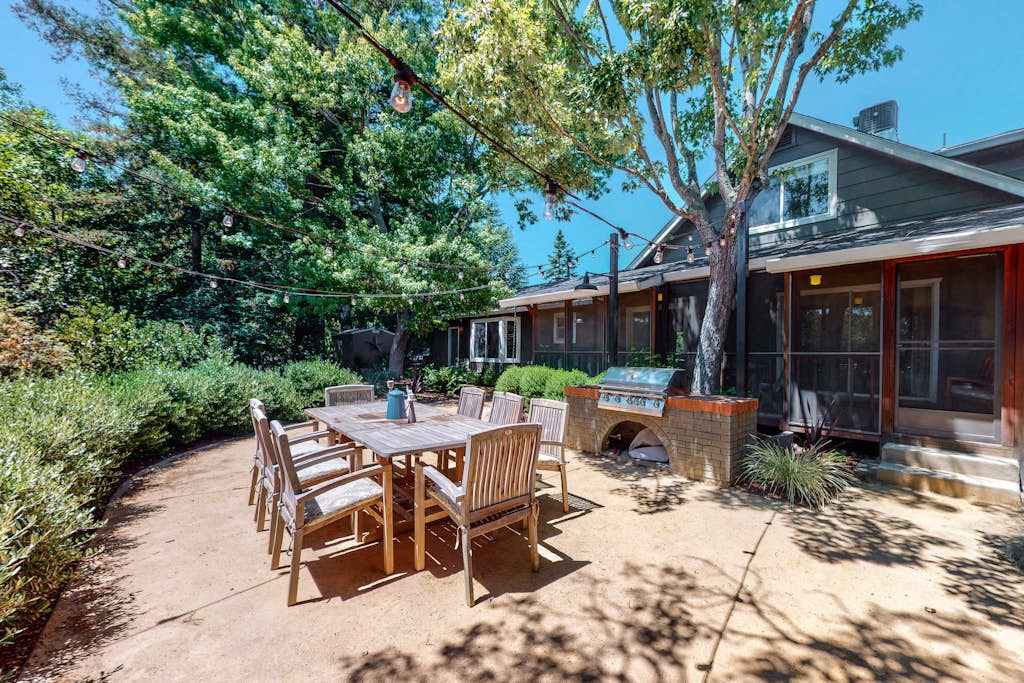 Gather your group under mature shade trees at this al fresco dining patio — the built-in BBQ grill makes farm-to-table Sonoma cookouts effortless.