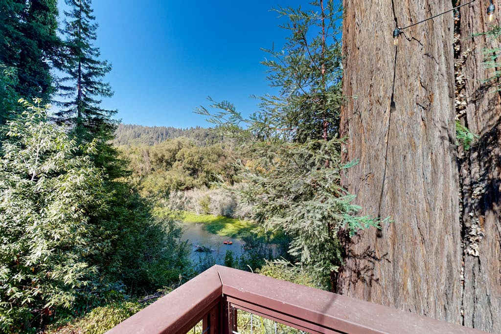 Step onto your private deck and take in sweeping Russian River views framed by towering redwoods — your morning coffee backdrop in Forestville wine country.