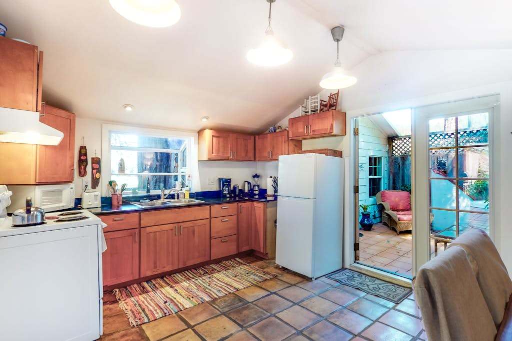 Cook like a local in your fully equipped kitchen with warm wood cabinetry — stock up at nearby Guerneville markets and prep farm-to-table meals.