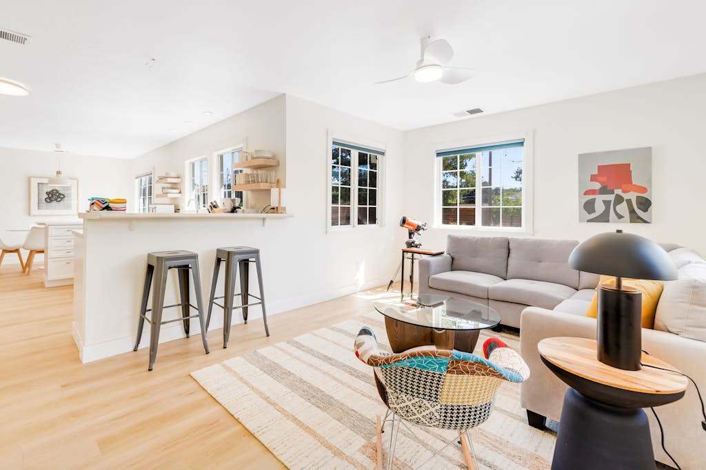 Your open-concept living and kitchen flow together effortlessly — perch at the breakfast bar with morning coffee before exploring Healdsburg's vineyard-lined roads.