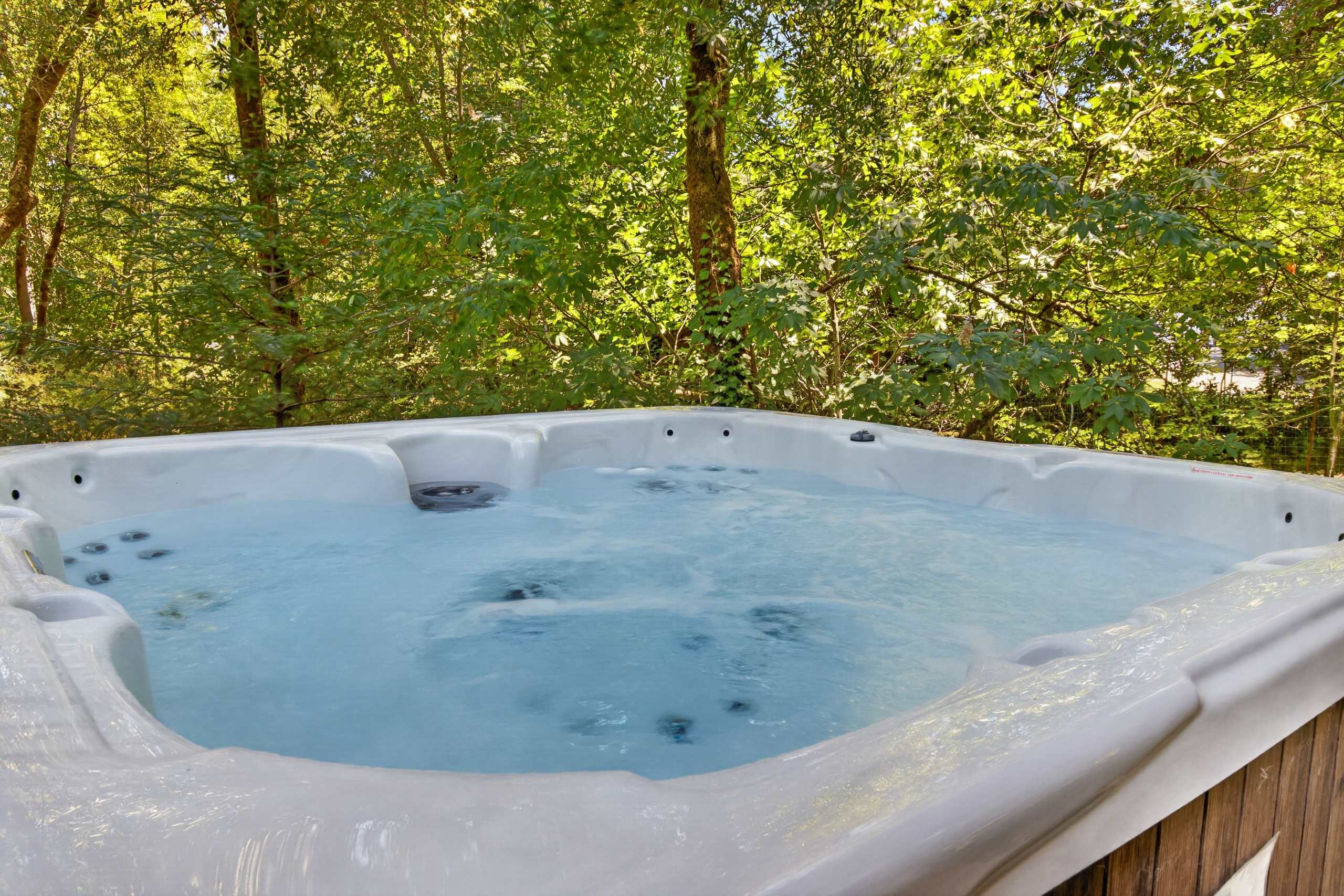 Slip into the bubbling hot tub with nothing but green canopy overhead — a private soak deep in the oak woods.