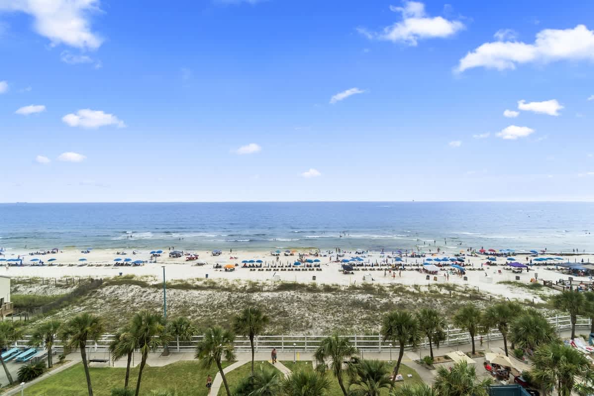 The Summit 728 – View of a beach with umbrellas and palm trees, overlooking the ocean and blue sky.