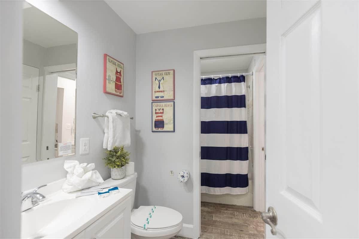 The Summit 504 – Bathroom with white fixtures, gray walls, framed art, striped shower curtain, and towels on a rack.