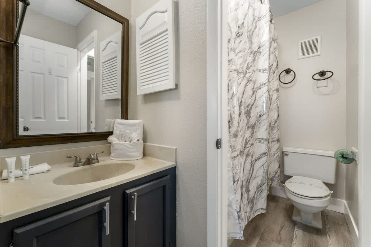 The Summit 515 – Bathroom with sink, mirror, shower curtain, toilet, and wood-look flooring.