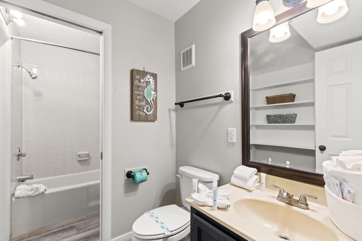 The Summit 515 – Bathroom with shower, tub, sink, mirror, towels, and decorative wall art.
