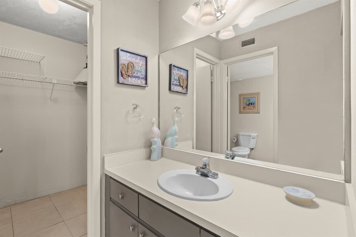 Aquavista 405e – Bathroom with sink, mirror, storage shelving, and toilet. Decorated with beach-themed artwork.