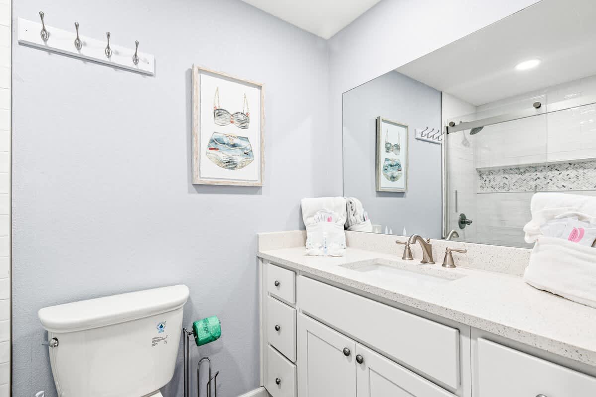 The Summit 701 – Bathroom with white vanity, mirror, artwork, and glass shower enclosure.