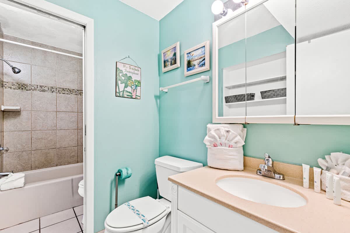 The Summit 1011 – Bathroom with light teal walls, bathtub, sink, and decorative items on the wall.