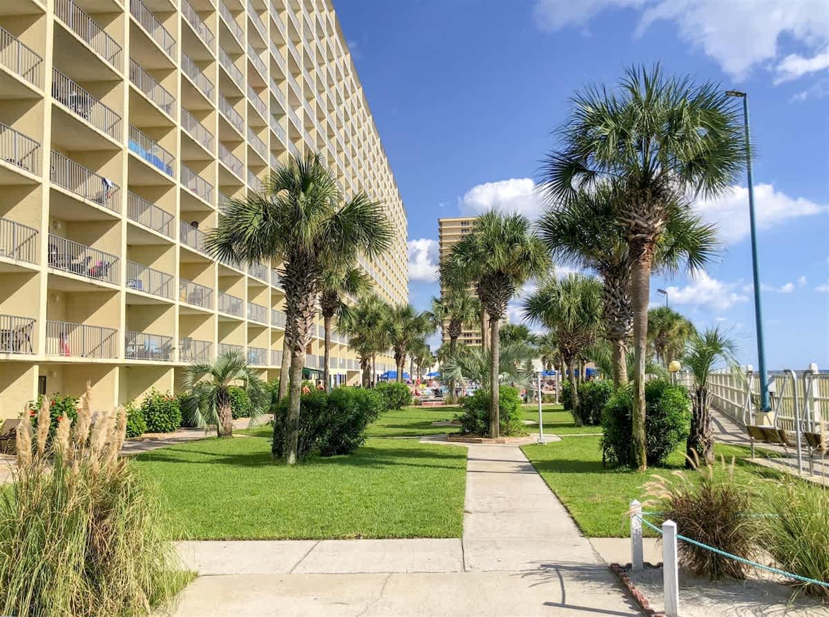 The Summit 618 – Exterior view of The Summit 618 with a landscaped area, palm trees, and nearby pool area.