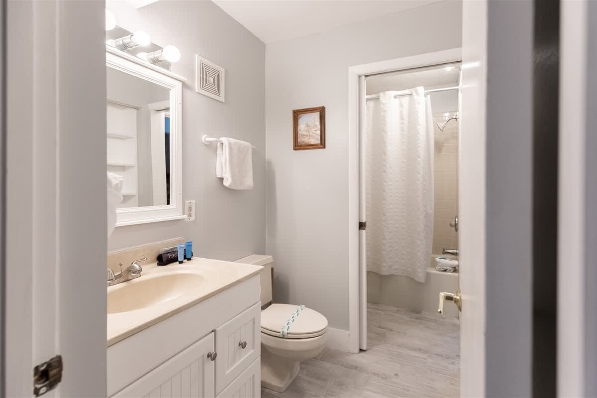 The Summit 618 – Small bathroom with a vanity, mirror, shower curtain, and light gray walls.