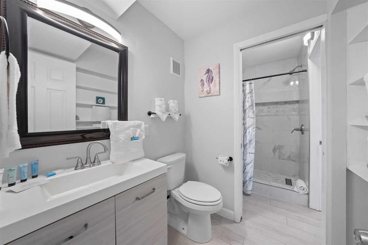 The Summit 220 – Bathroom with vanity, mirror, toilet, and walk-in shower featuring marble tile.