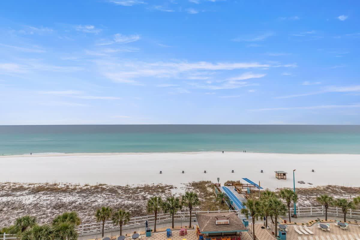 The Summit 820 – View of a sandy beach, palm trees, and a turquoise ocean under a clear blue sky.