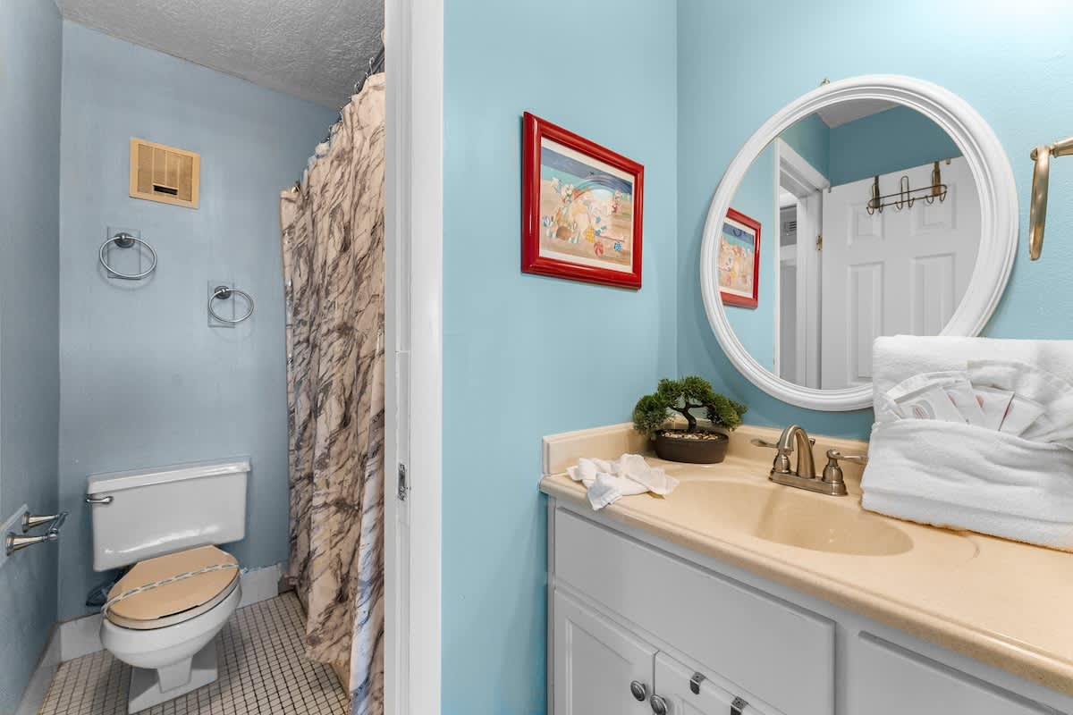 The Summit 726 – Small bathroom with a sink, toilet, shower curtain, and light blue walls featuring decorative artwork.