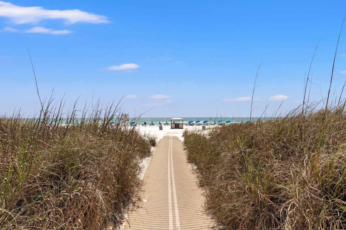 Top Of The Gulf 607 – Pathway leading to the beach, surrounded by tall grass and blue umbrellas in the distance.