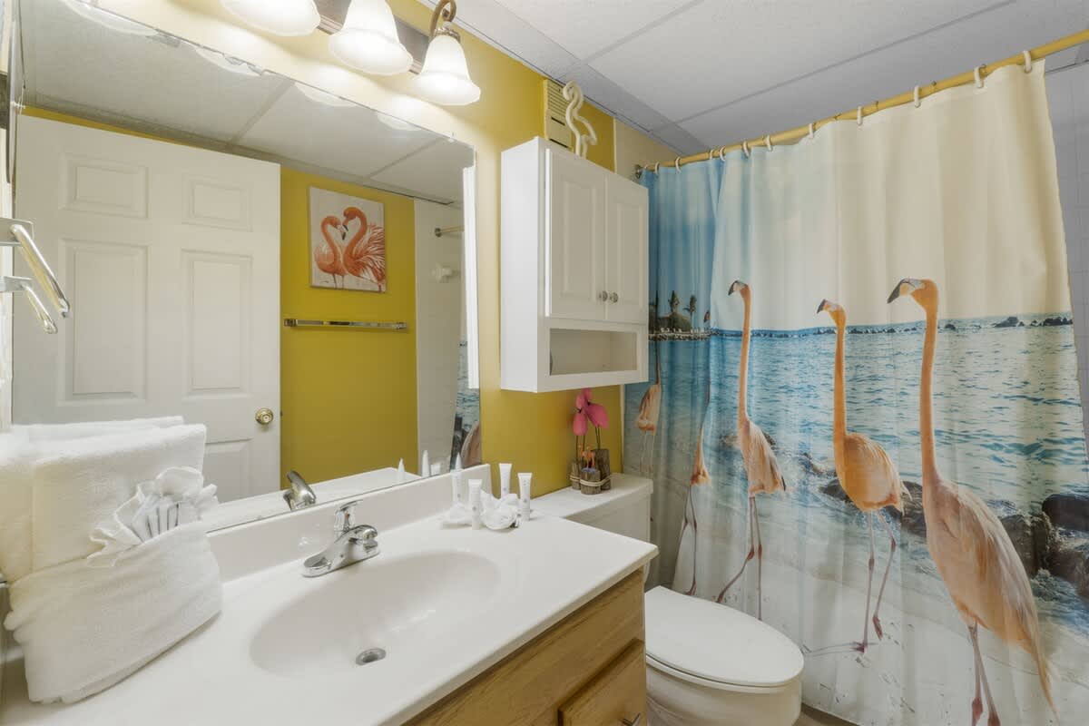 Moondrifter 207 – Bathroom with yellow walls, mirror, sink, and shower curtain featuring flamingos by the water.