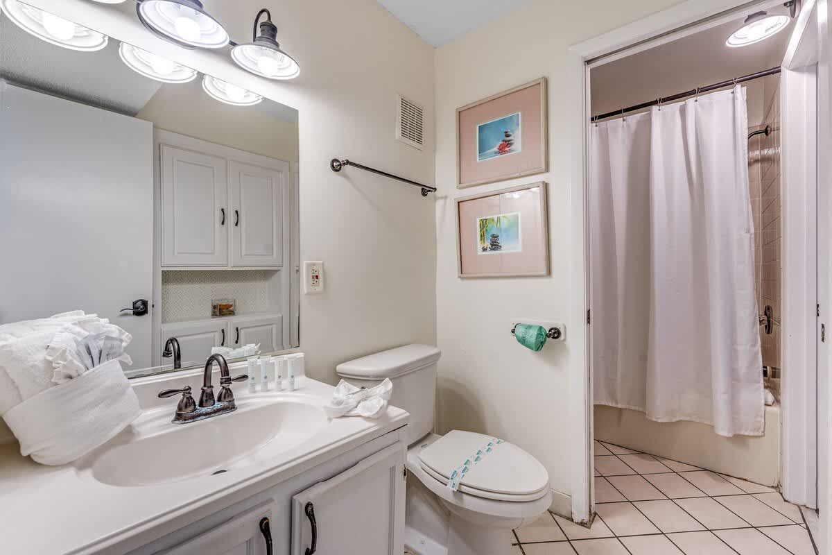 The Summit 828 – Bathroom featuring a sink, toilet, shower curtain, and lighted mirror with decorative art.