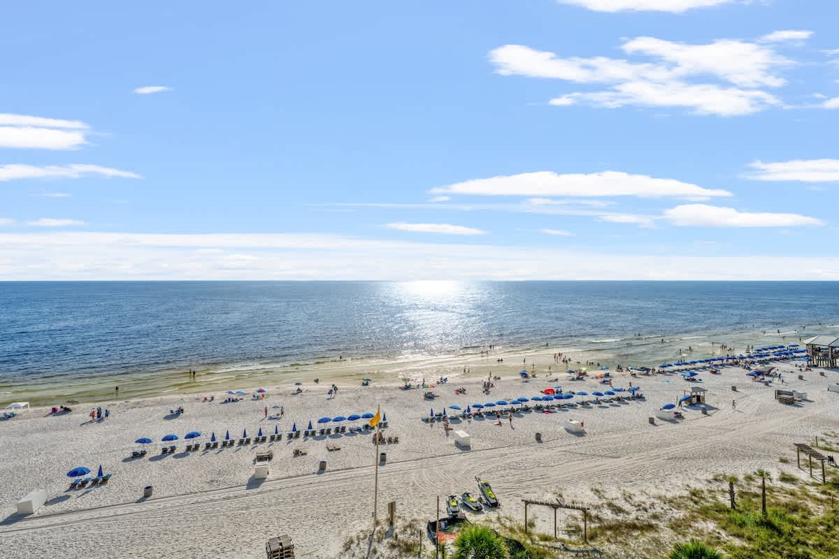 Sunbird 811E – View of sandy beach with umbrellas, sun loungers, and ocean under a clear blue sky.