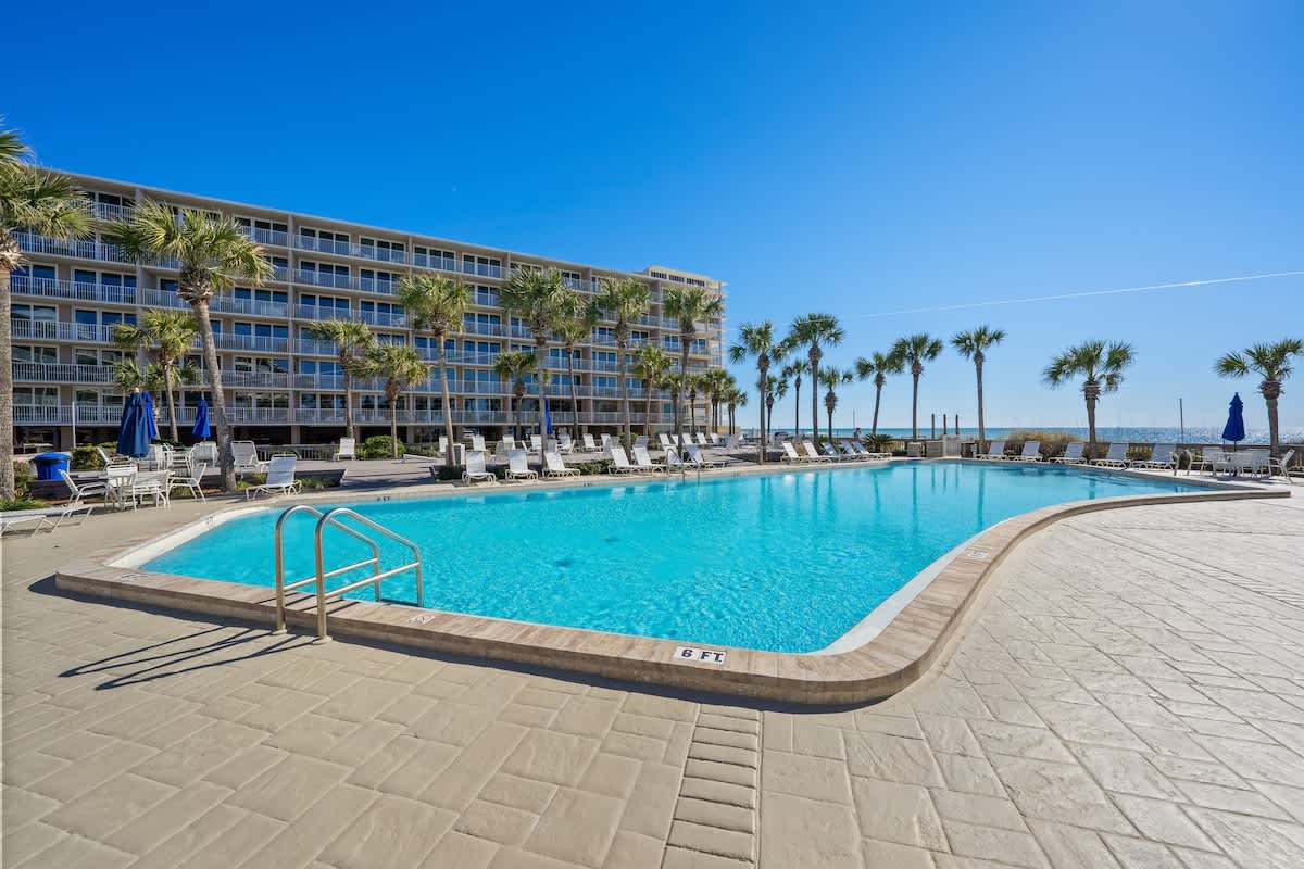 Dunes C605 – Outdoor pool area with palm trees and sun loungers, ocean view in background, clear blue sky.