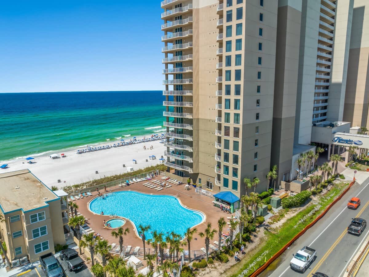 Tidewater 200 – Aerial view of Tidewater 200, featuring a swimming pool, beach access, and ocean views.