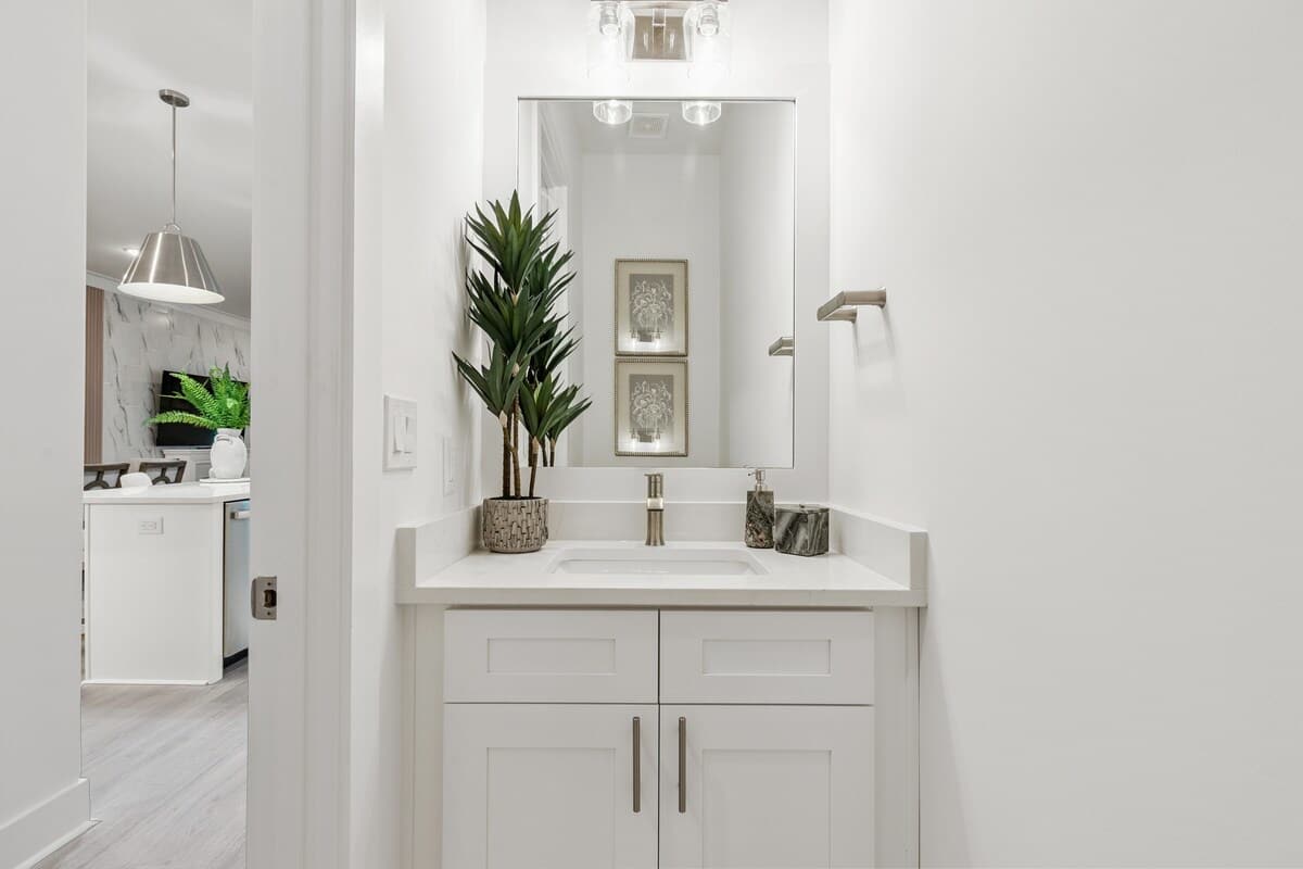 224 W Willow Mist Rd – Modern bathroom with a white vanity, mirror, decorative plants, and light fixtures.