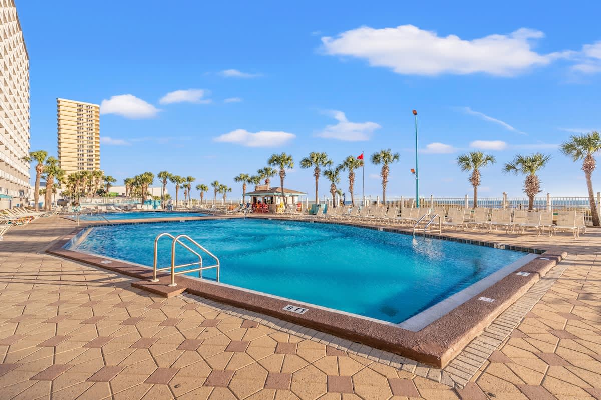 The Summit 315 – Outdoor swimming pool with palm trees and lounge chairs, surrounded by a tiled deck.