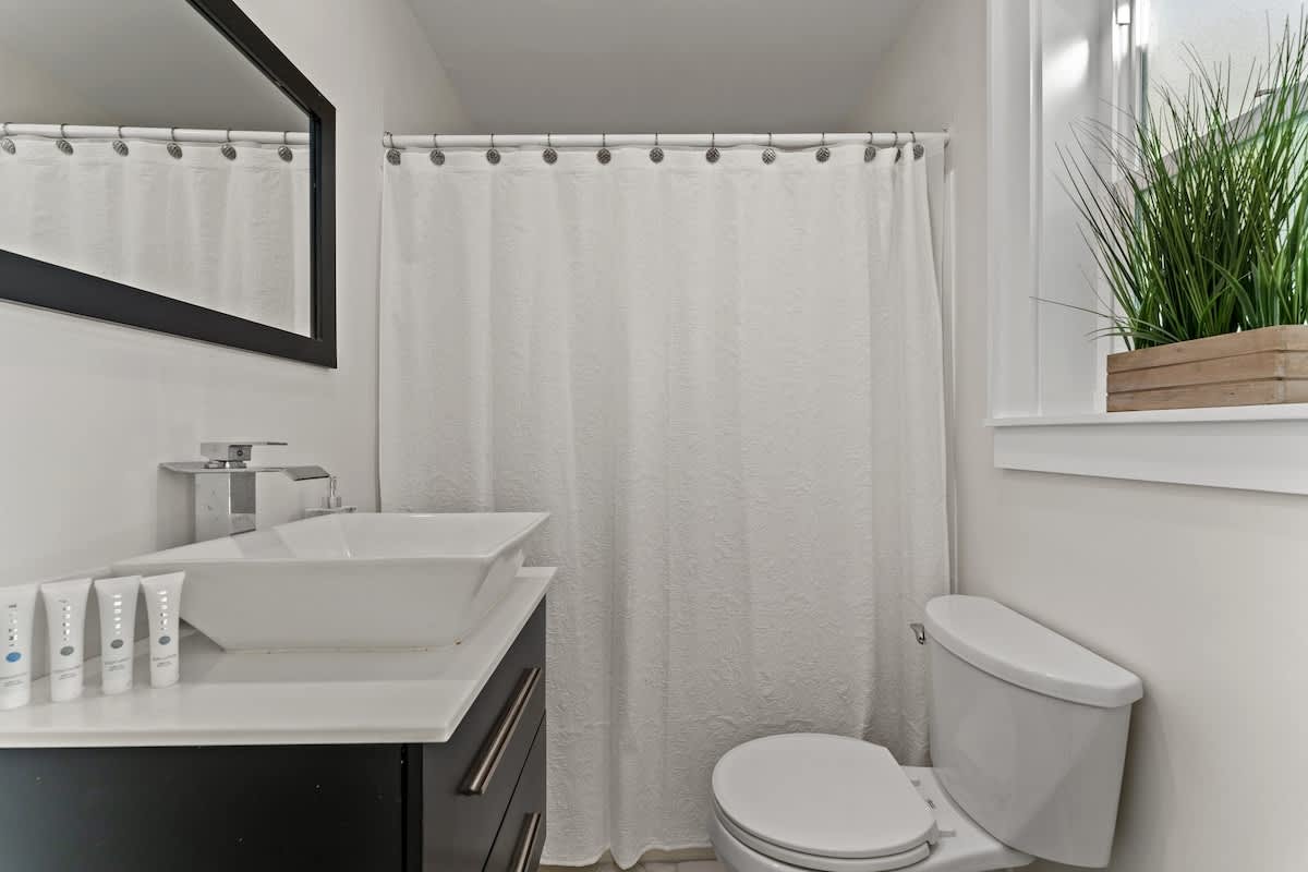9620 Beach Blvd – Modern bathroom with a sink, toilet, shower curtain, and decorative plant.