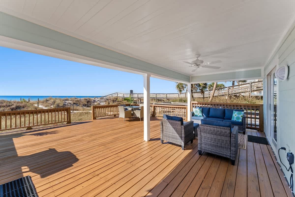 9620 Beach Blvd – Covered patio with seating, wooden deck, and ocean view.