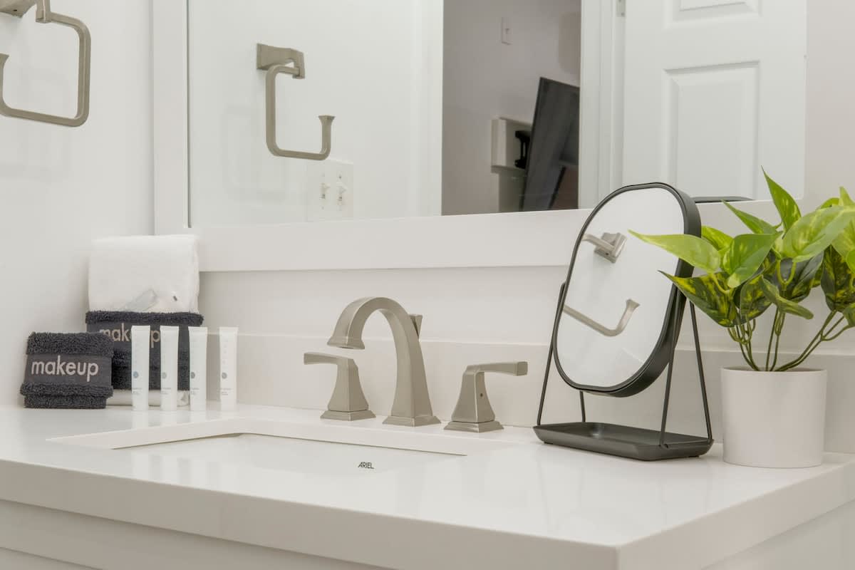 Village of SW B257 – Bathroom countertop with sink, faucet, makeup towels, skincare products, mirror, and potted plant.
