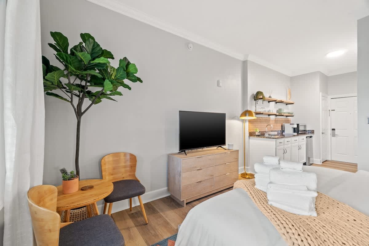 Village of SW B203 – Studio room with kitchenette, TV, two chairs, and a decorative plant.