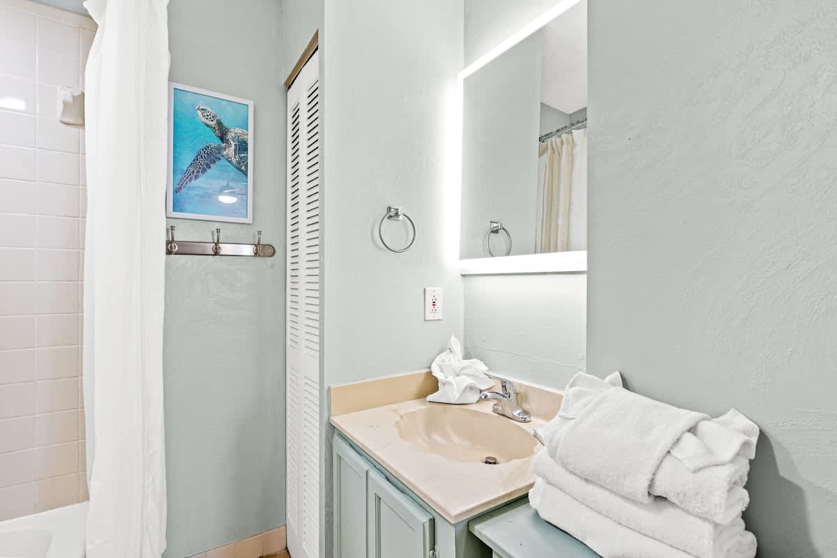 The Summit 632 – Bathroom with sink, mirror, towels, and a framed sea turtle picture on the wall.