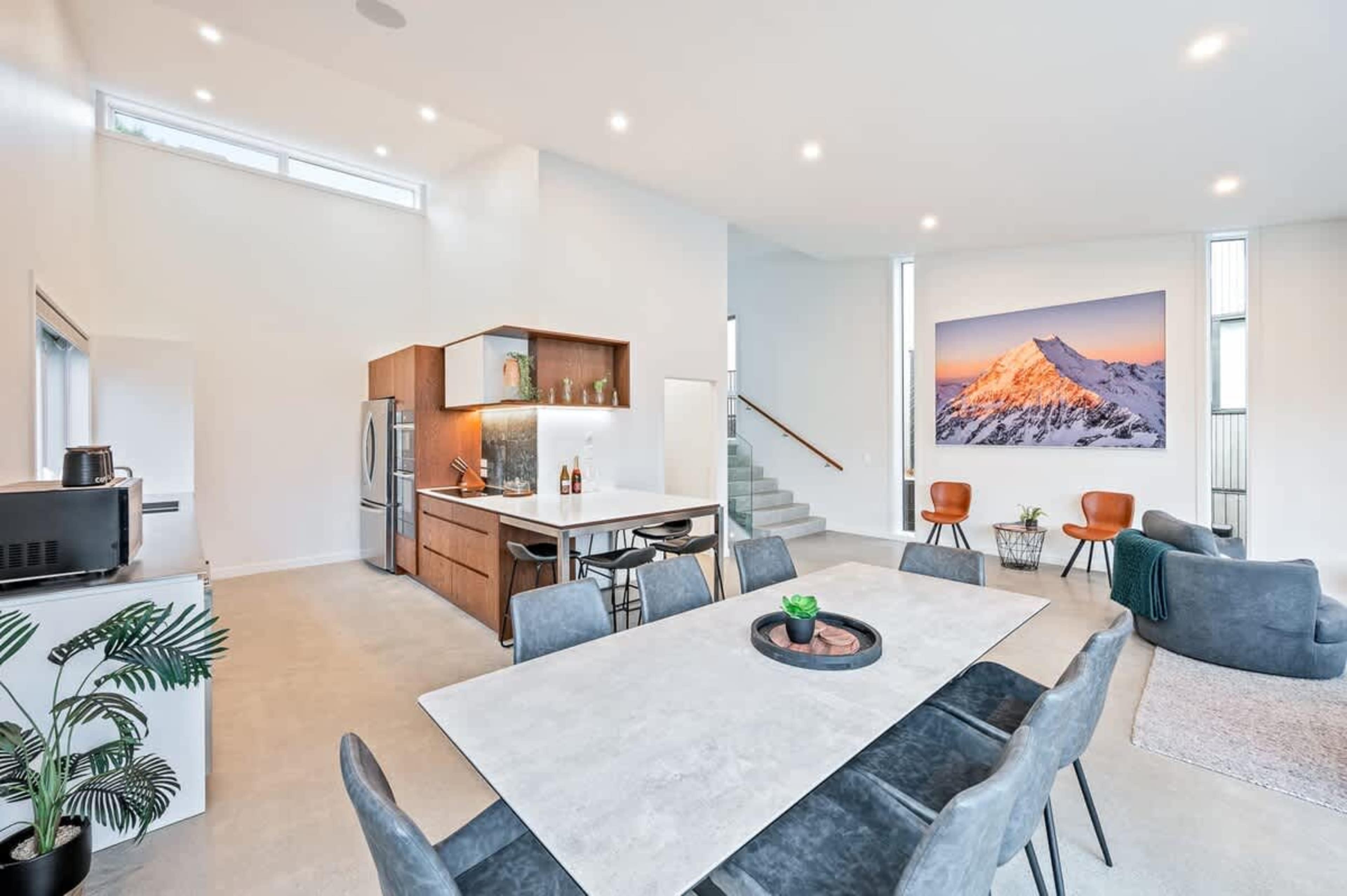 Spacious open-plan entertainment area in luxury accommodation, Queenstown