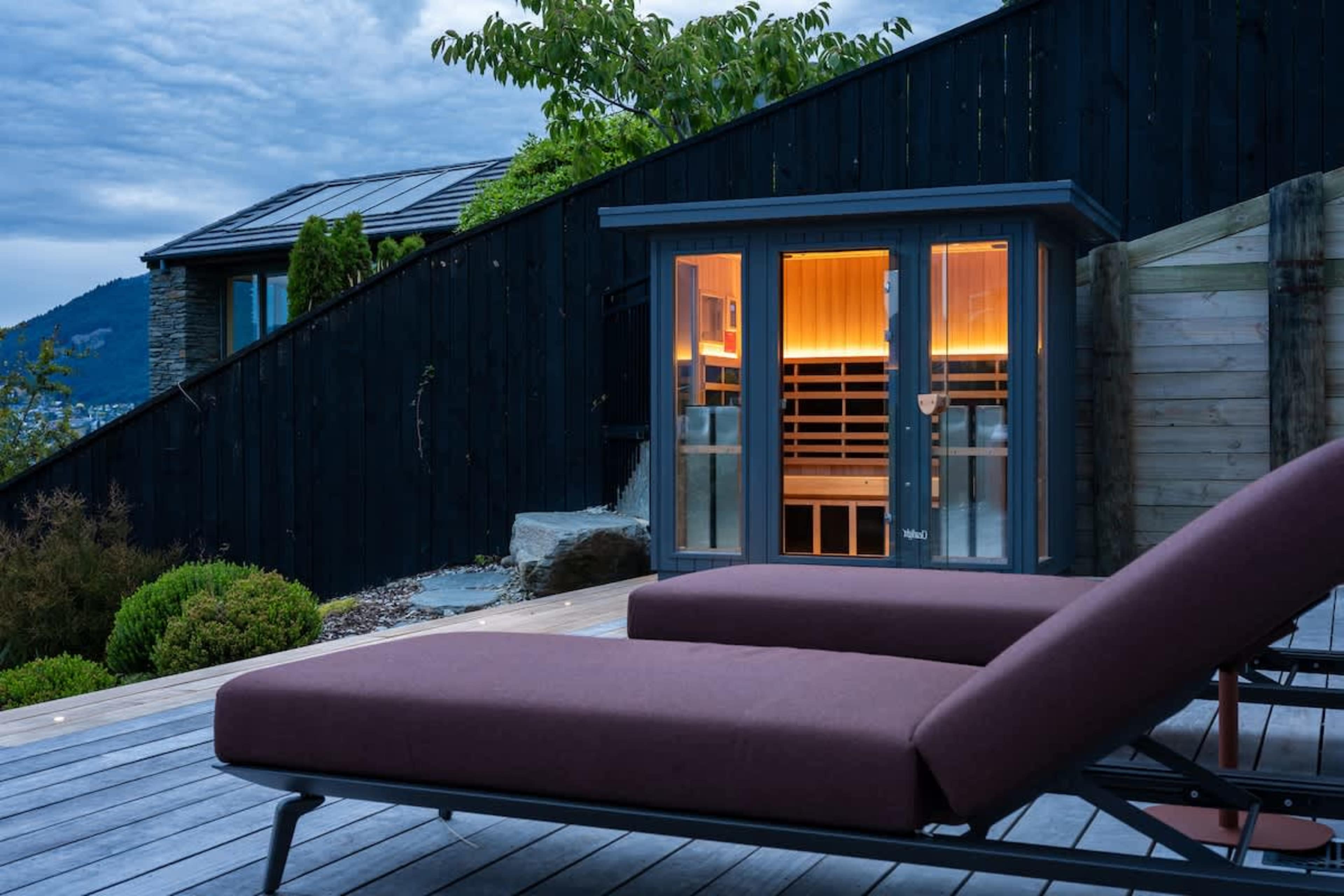 Unwind and rejuvenate in your private infrared sauna, designed for ultimate relaxation and wellness. Perfect after a day of exploring Queenstown, it offers a luxurious way to soothe your muscles and refresh your mind.