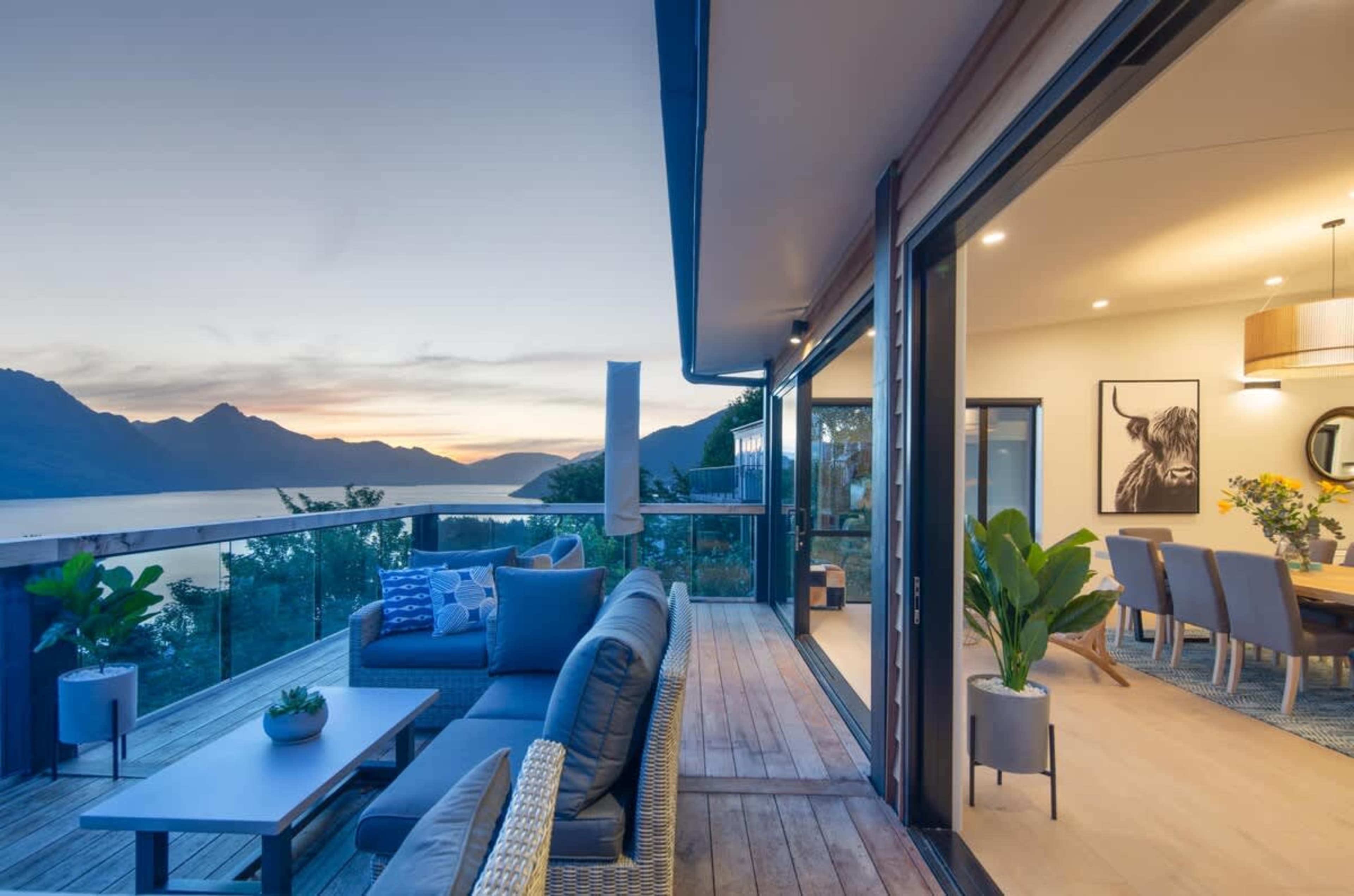 Spacious Balcony with Dining and Views
Enjoy alfresco dining on the spacious balcony, featuring a dining set, comfy seating, and a BBQ. With stunning views of Lake Wakatipu and the Remarkables, it's the perfect spot to relax or entertain