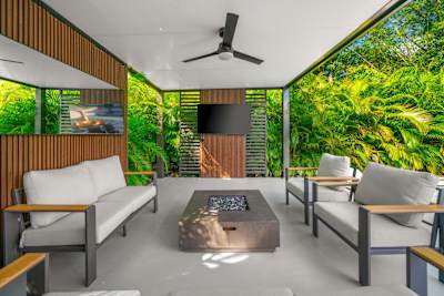 Outdoor comfort with firepit and cozy seating area