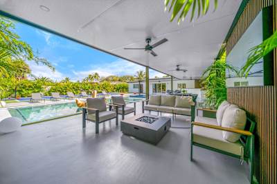 Luxury patio with firepit and comfortable seating