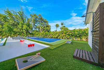 Cool off with the outdoor shower and enjoy backyard games
