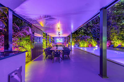 Outdoor dining and patio at night